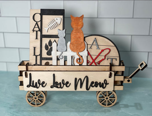 Farmhouse wagon with cat theme | mini signs | tiered tray decor