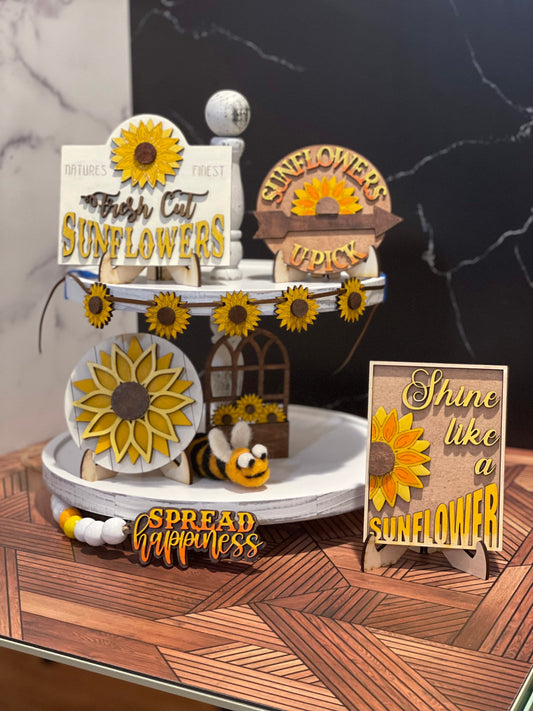 Tiered Tray Decor with Sunflowers | Sunflower Mini Signs