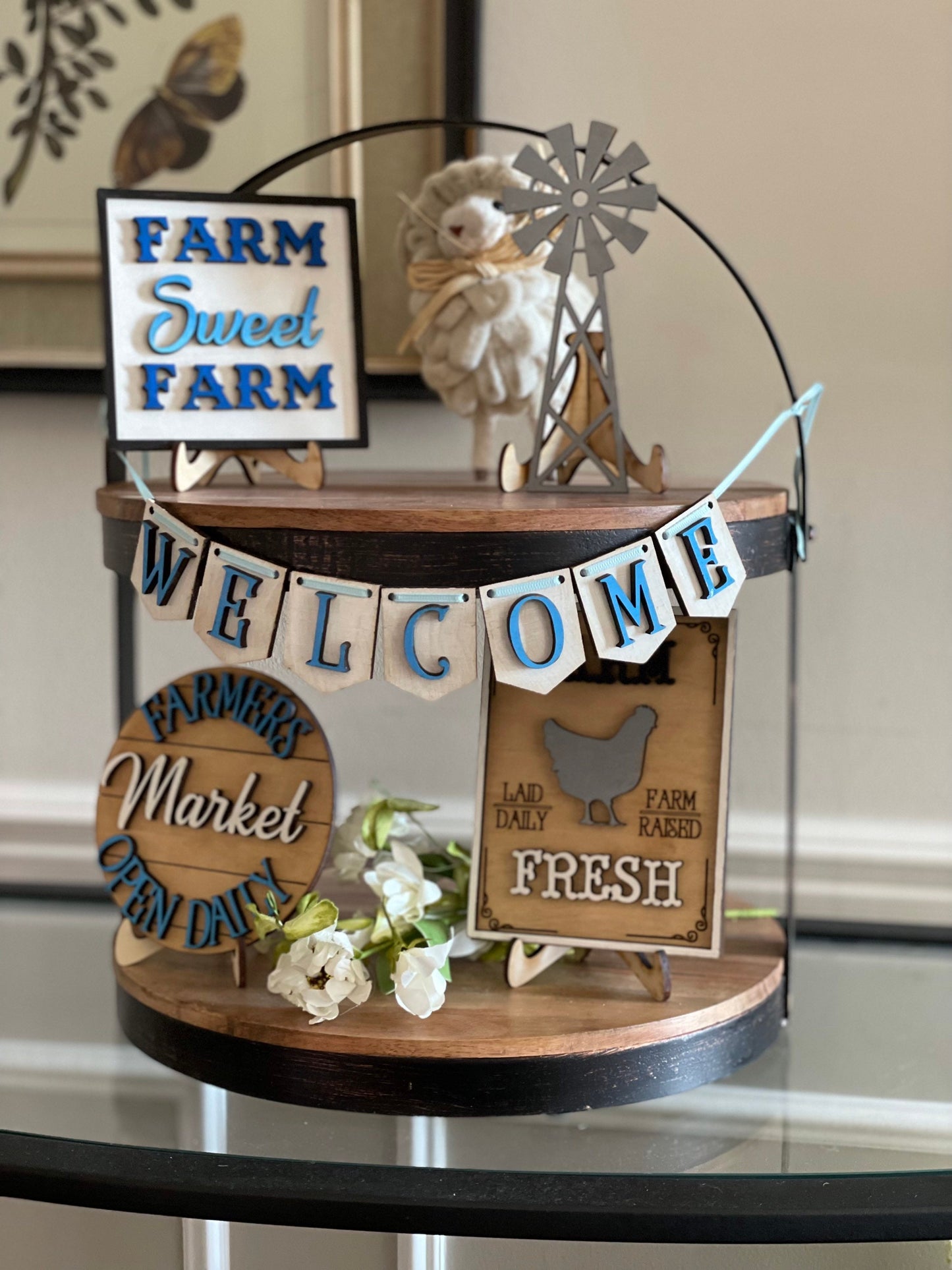 Farmhouse tiered tray decor | mini signs