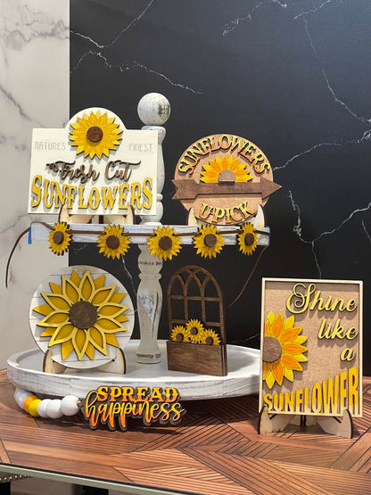 Tiered Tray Decor with Sunflowers | Sunflower Mini Signs
