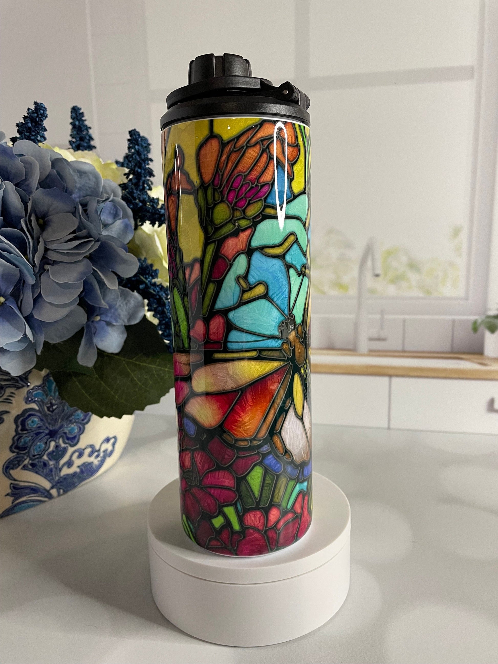 Stainless steel tumbler with stained glass butterfly design