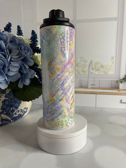 Stainless steel tumbler/ water bottle featuring pastel colors and coffee and chaos theme