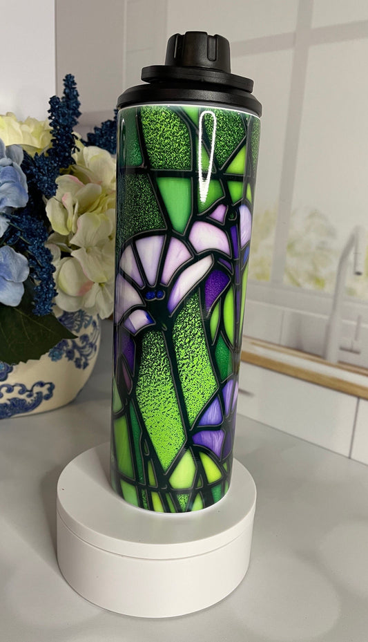 Tumbler with stained glass morning glory design