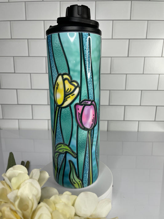 Water bottle/tumbler with stained glass tulip design