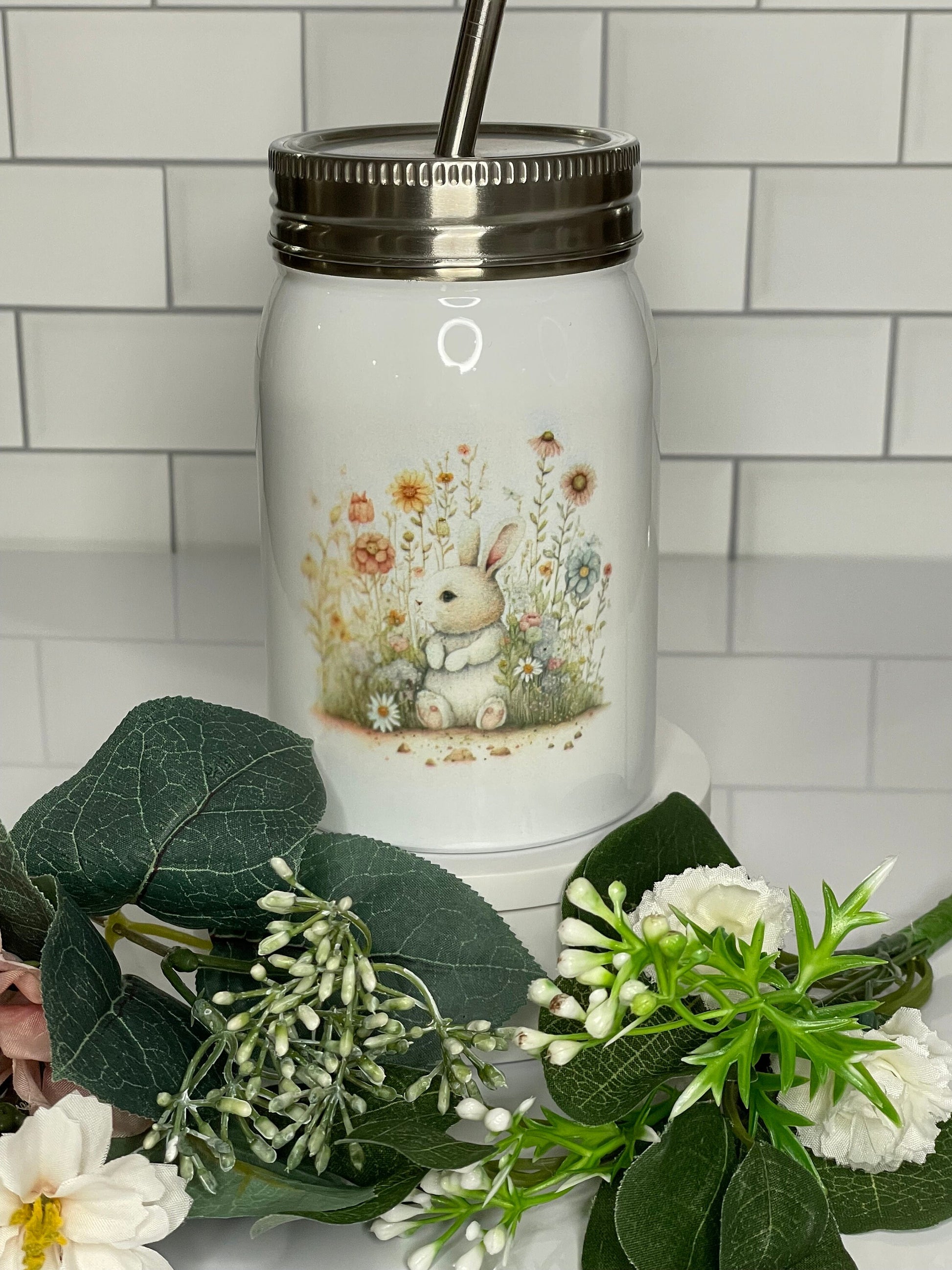 Bunny with floral theme mason jar water bottle | Water bottle for kids