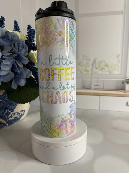 Stainless steel tumbler/ water bottle featuring pastel colors and coffee and chaos theme