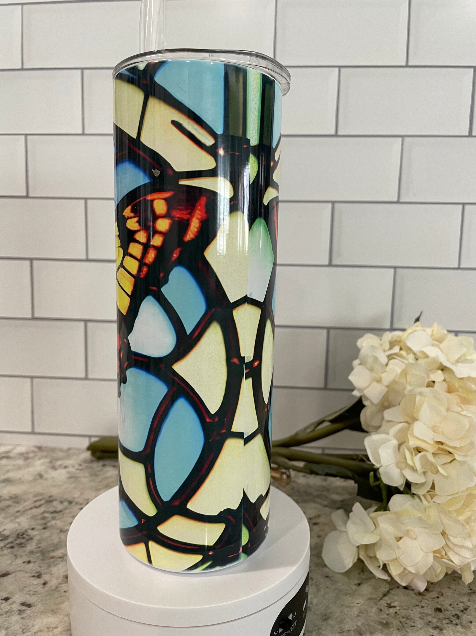 20 oz skinny tumbler | Stained glass look butterfly