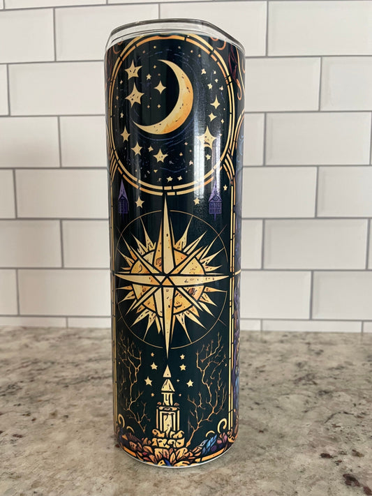 20 oz skinny tumbler | Sun, moon and stars mystical theme