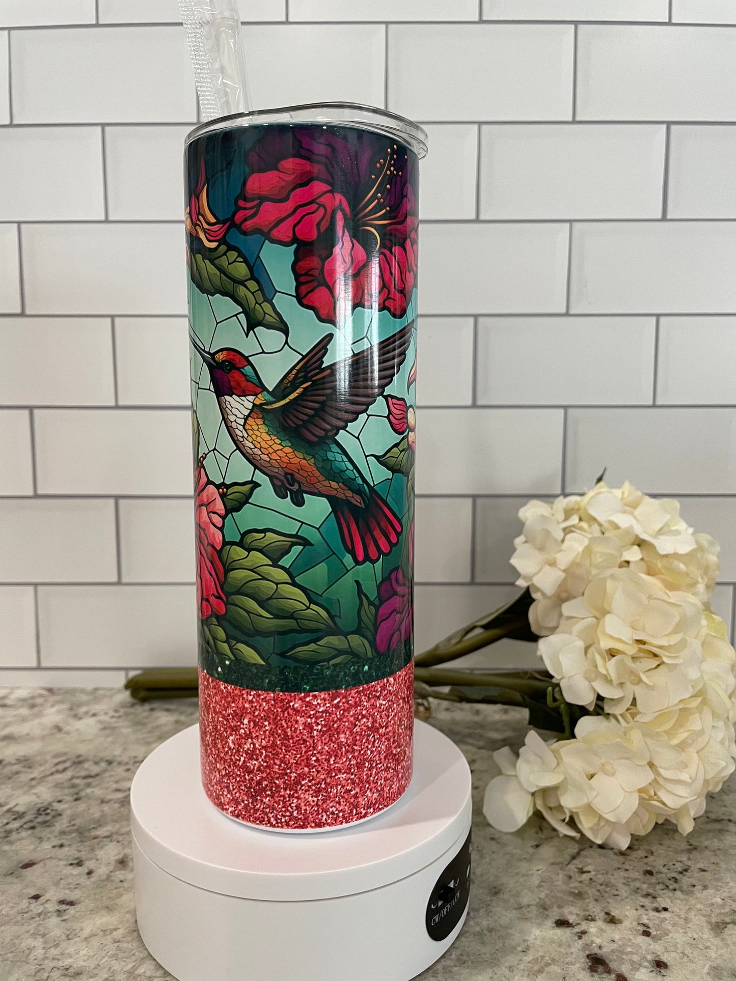 20 oz skinny tumbler | Stained glass hummingbird with glitter