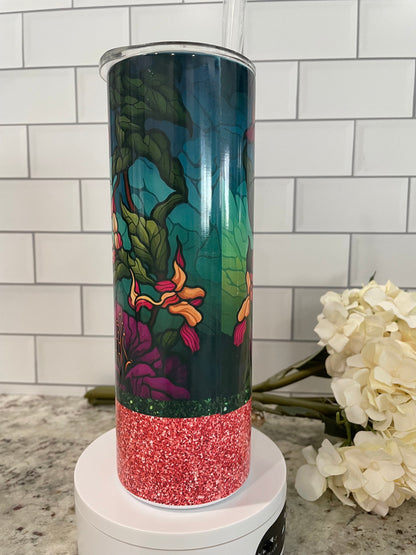 20 oz skinny tumbler | Stained glass hummingbird with glitter