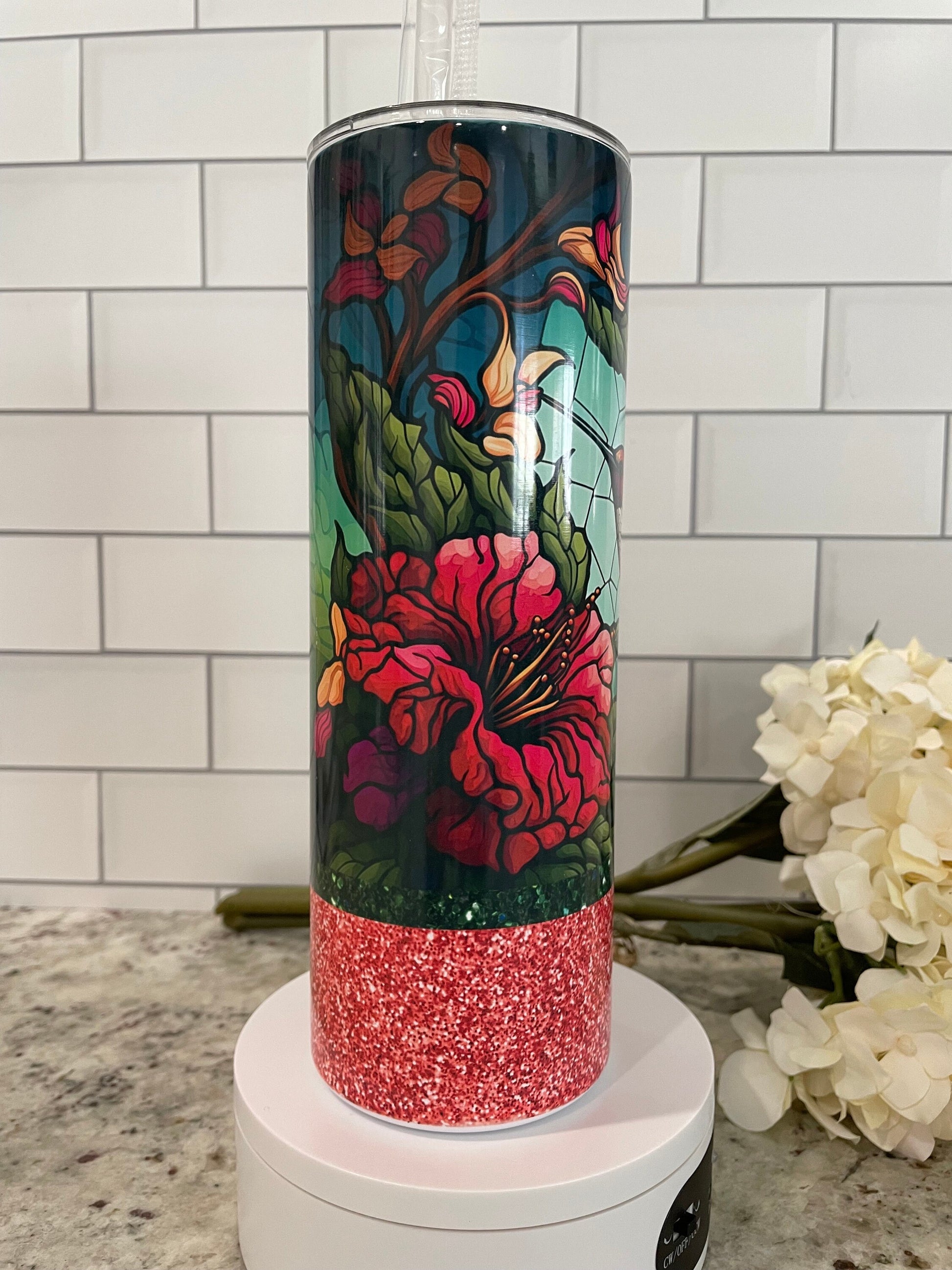 20 oz skinny tumbler | Stained glass hummingbird with glitter