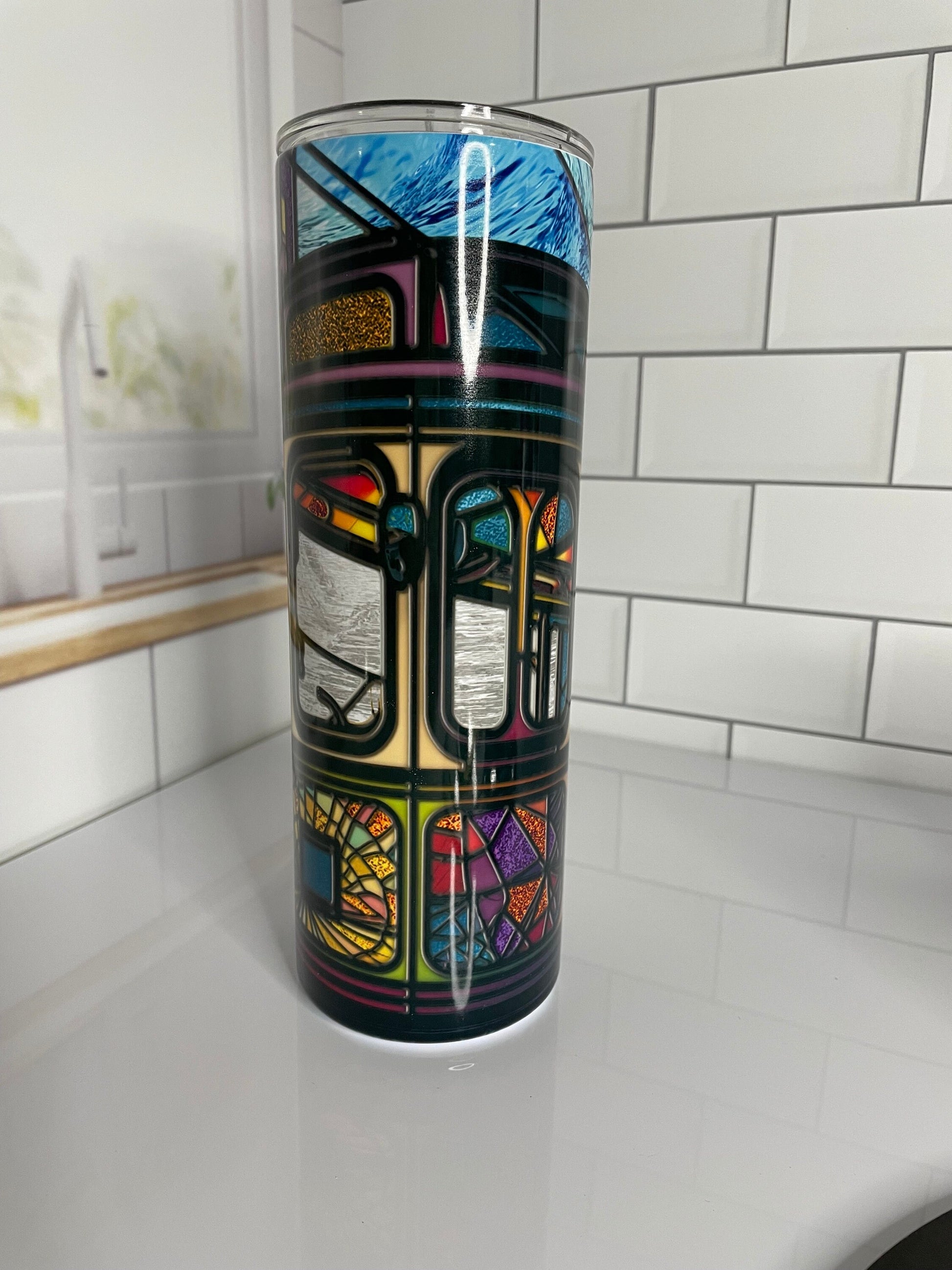 20 oz skinny tumbler | Stained glass trolley car