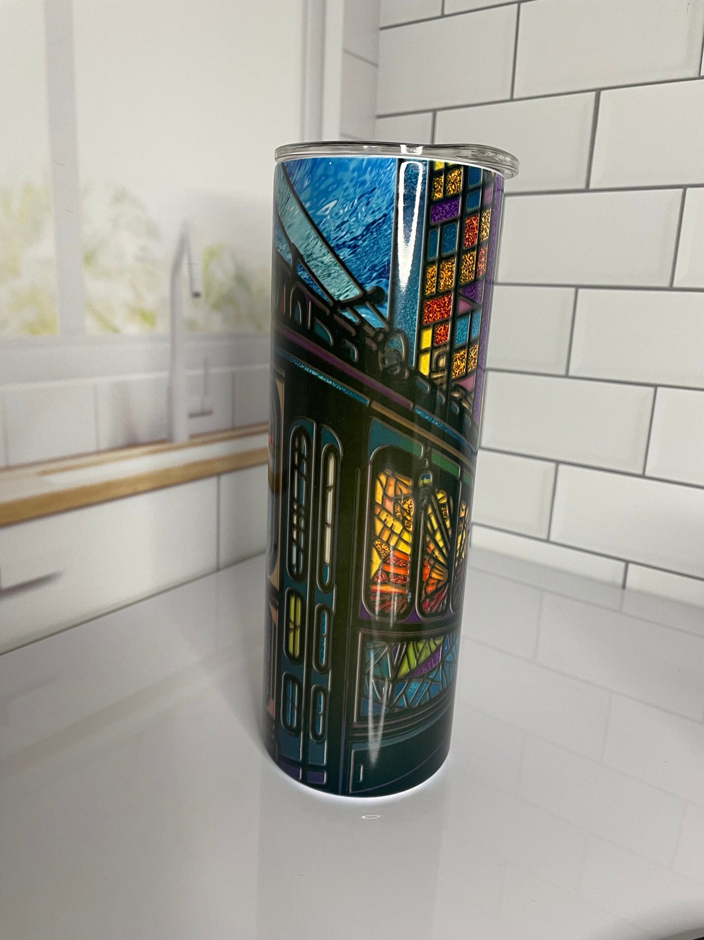 20 oz skinny tumbler | Stained glass trolley car