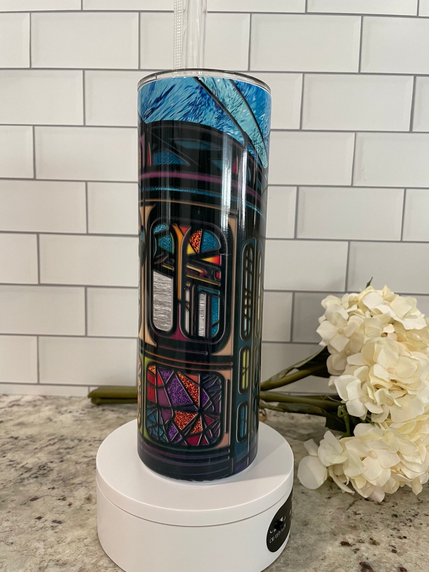 20 oz skinny tumbler | Stained glass trolley car