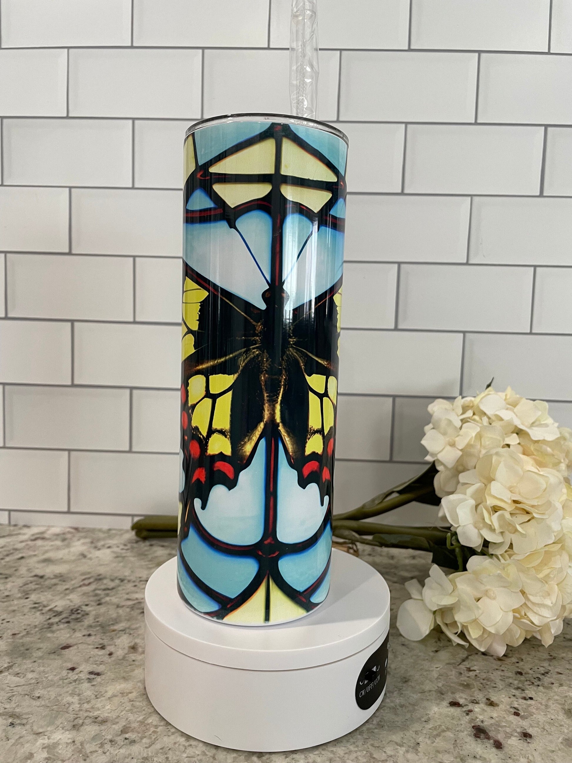 20 oz skinny tumbler | Stained glass look butterfly