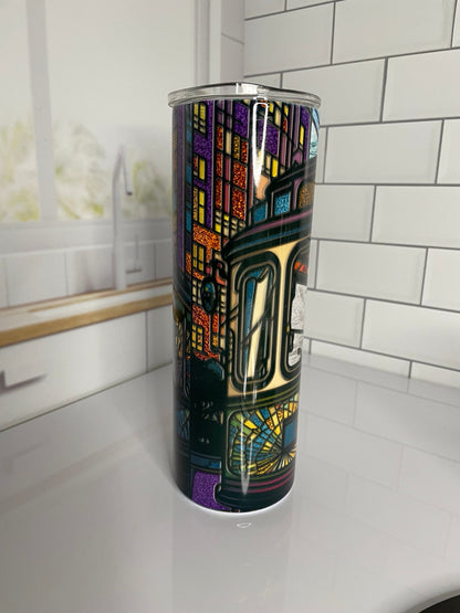 20 oz skinny tumbler | Stained glass trolley car