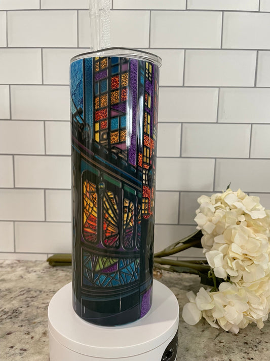 20 oz skinny tumbler | Stained glass trolley car