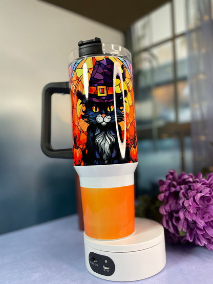 40 oz tumbler with handle| Black Cat in Witch Hat | Halloween theme