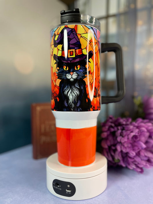 40 oz tumbler with handle| Black Cat in Witch Hat | Halloween theme