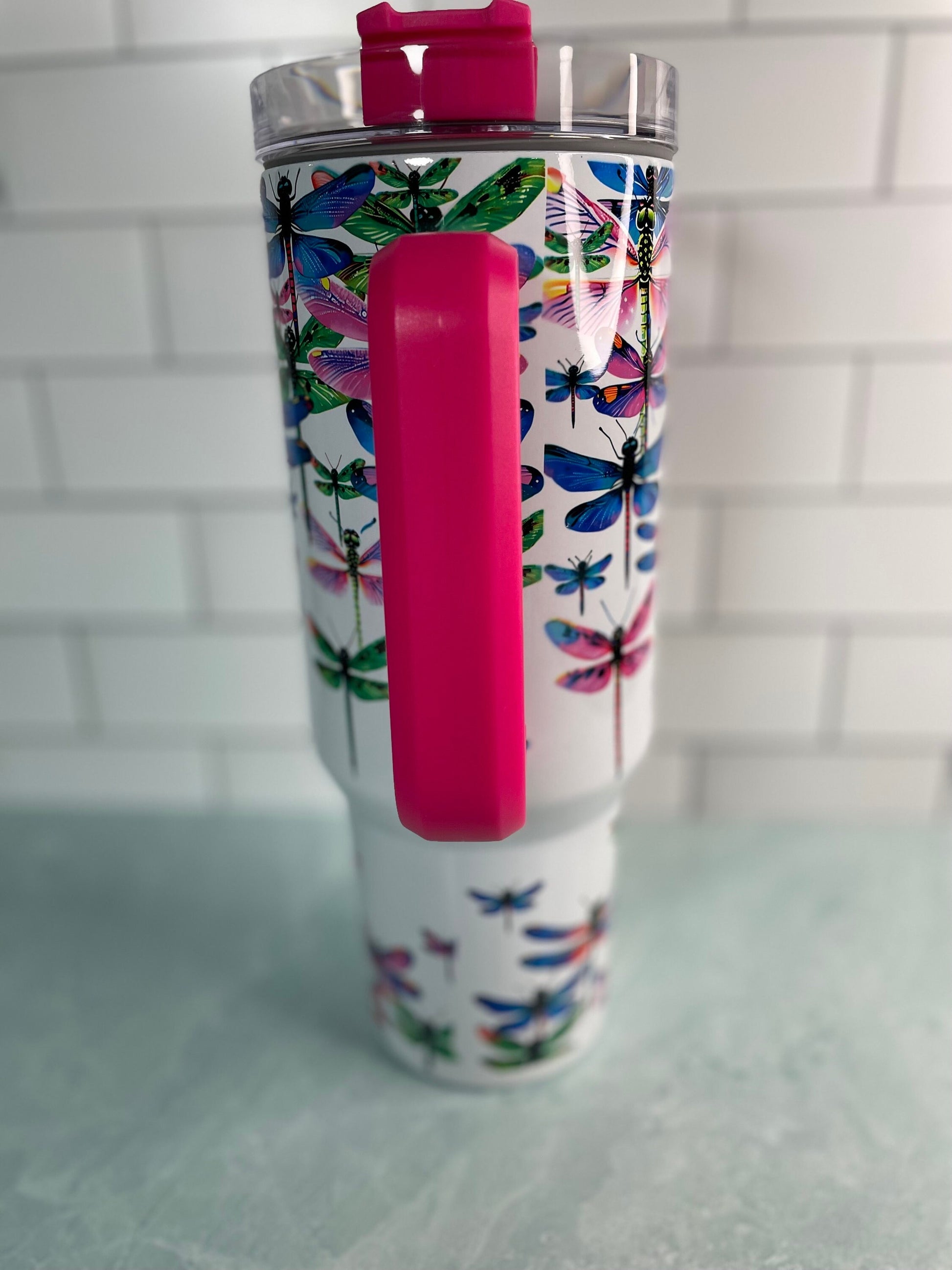 40 oz tumbler with handle| Colorful Dragonflies