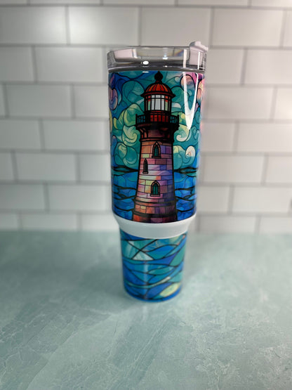 40 oz tumbler with handle| Watercolor scene with ocean and lighthouse