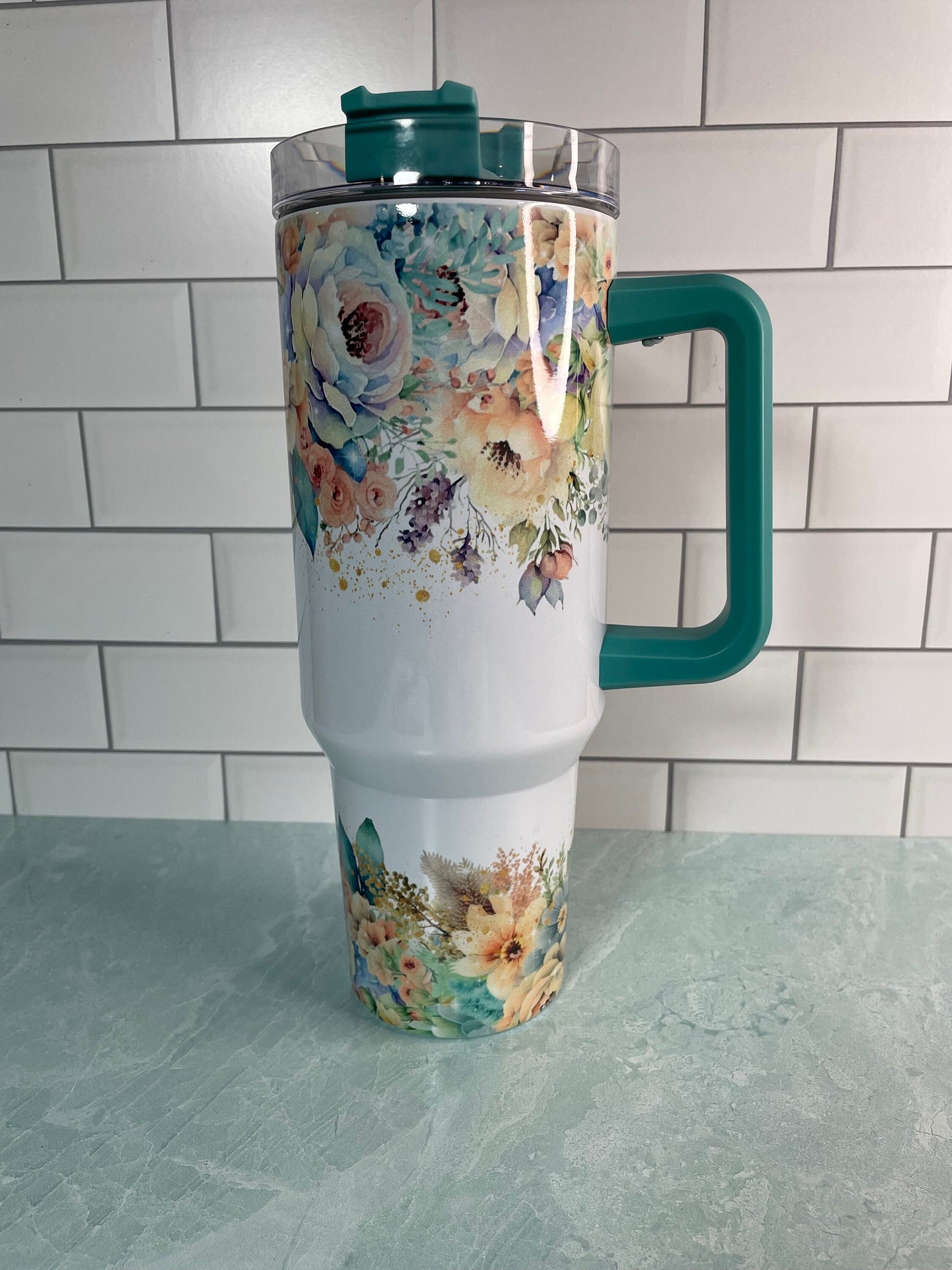 40 oz tumbler with handle| Pastel Flowers