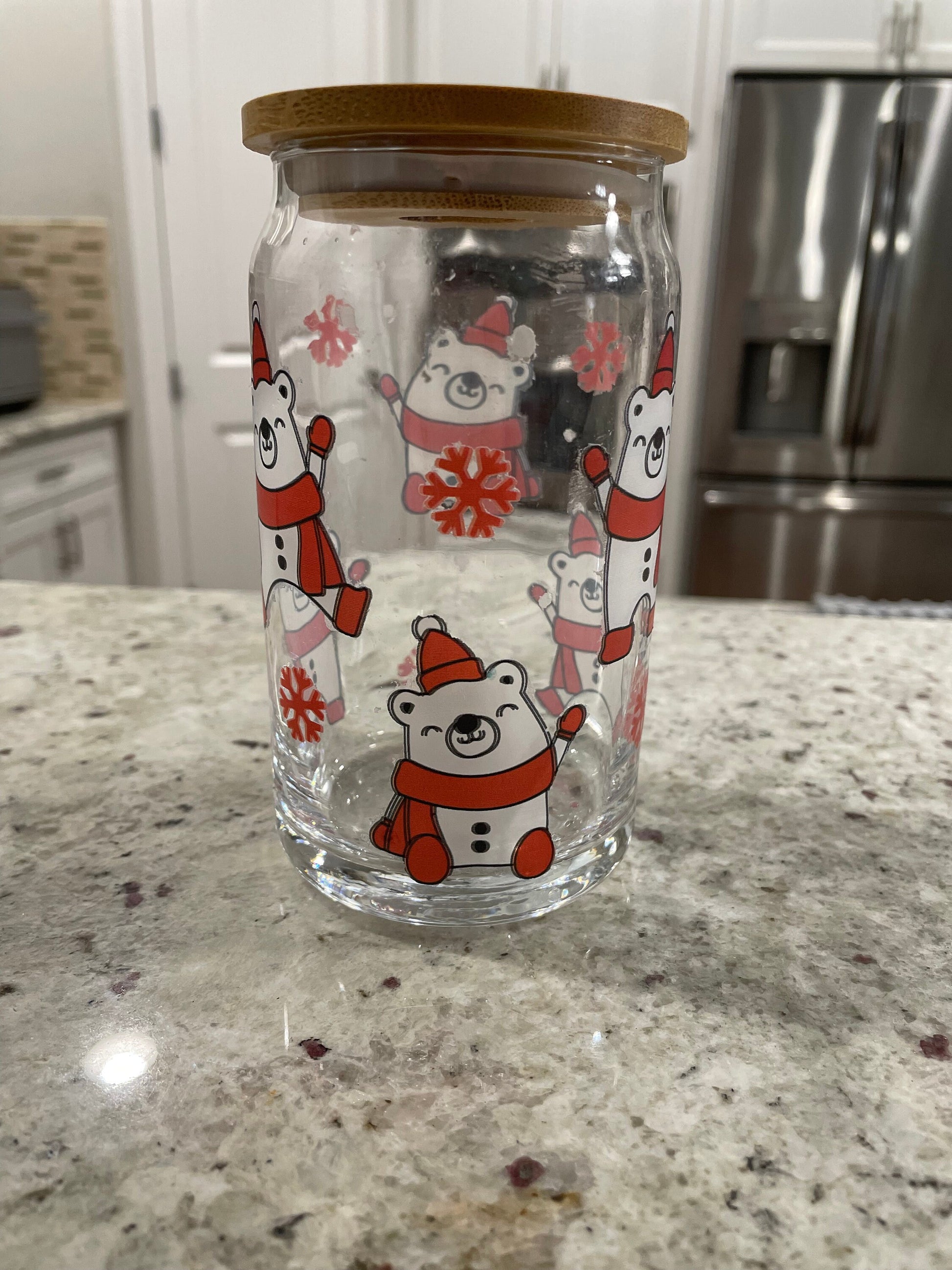 16 oz glass can with bamboo lid | Santa Bear design