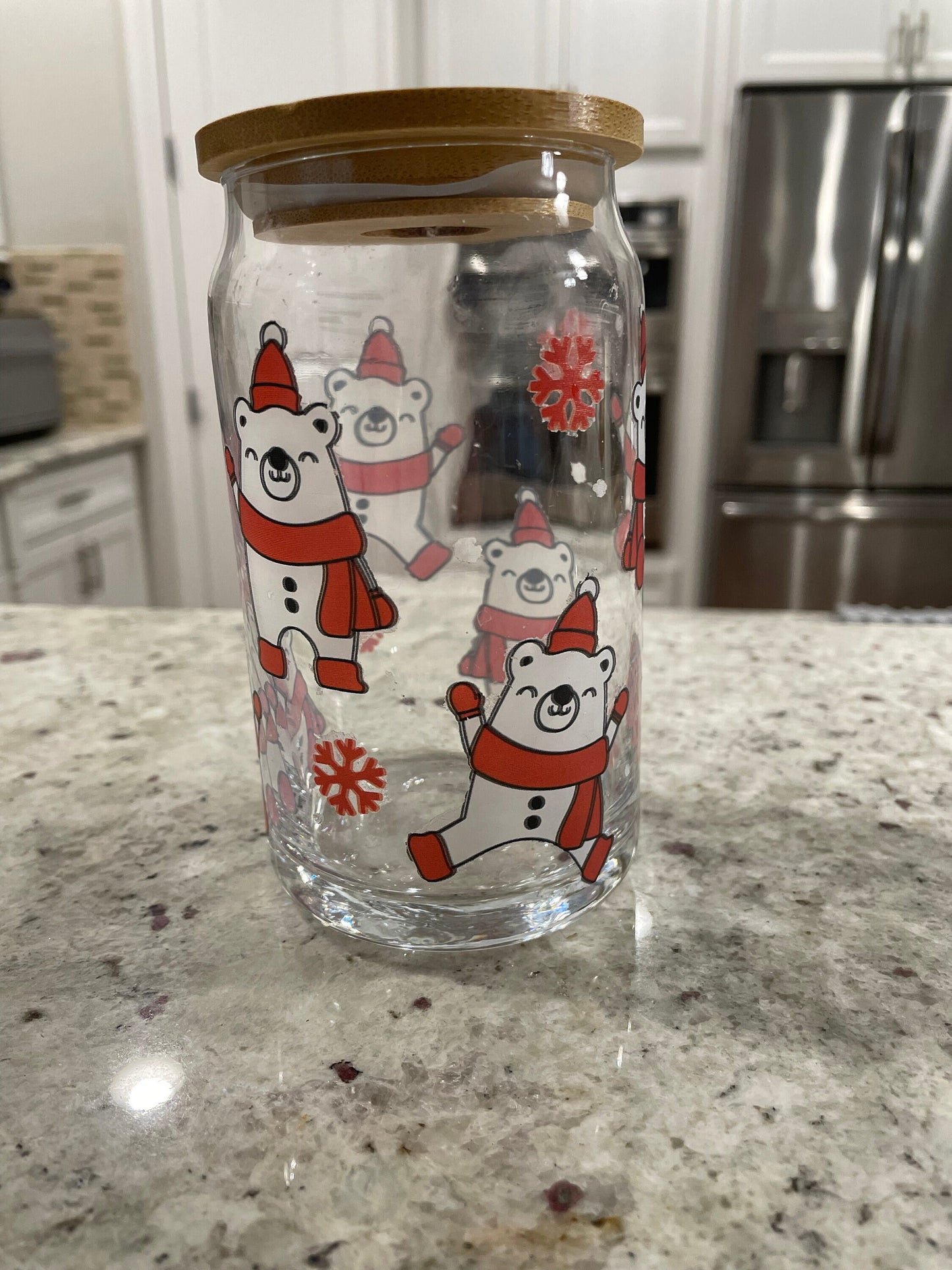 16 oz glass can with bamboo lid | Santa Bear design