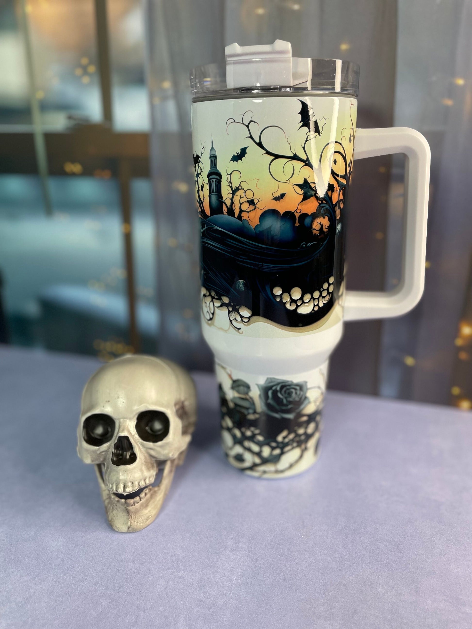 40 oz tumbler with handle| Haunted House Halloween theme