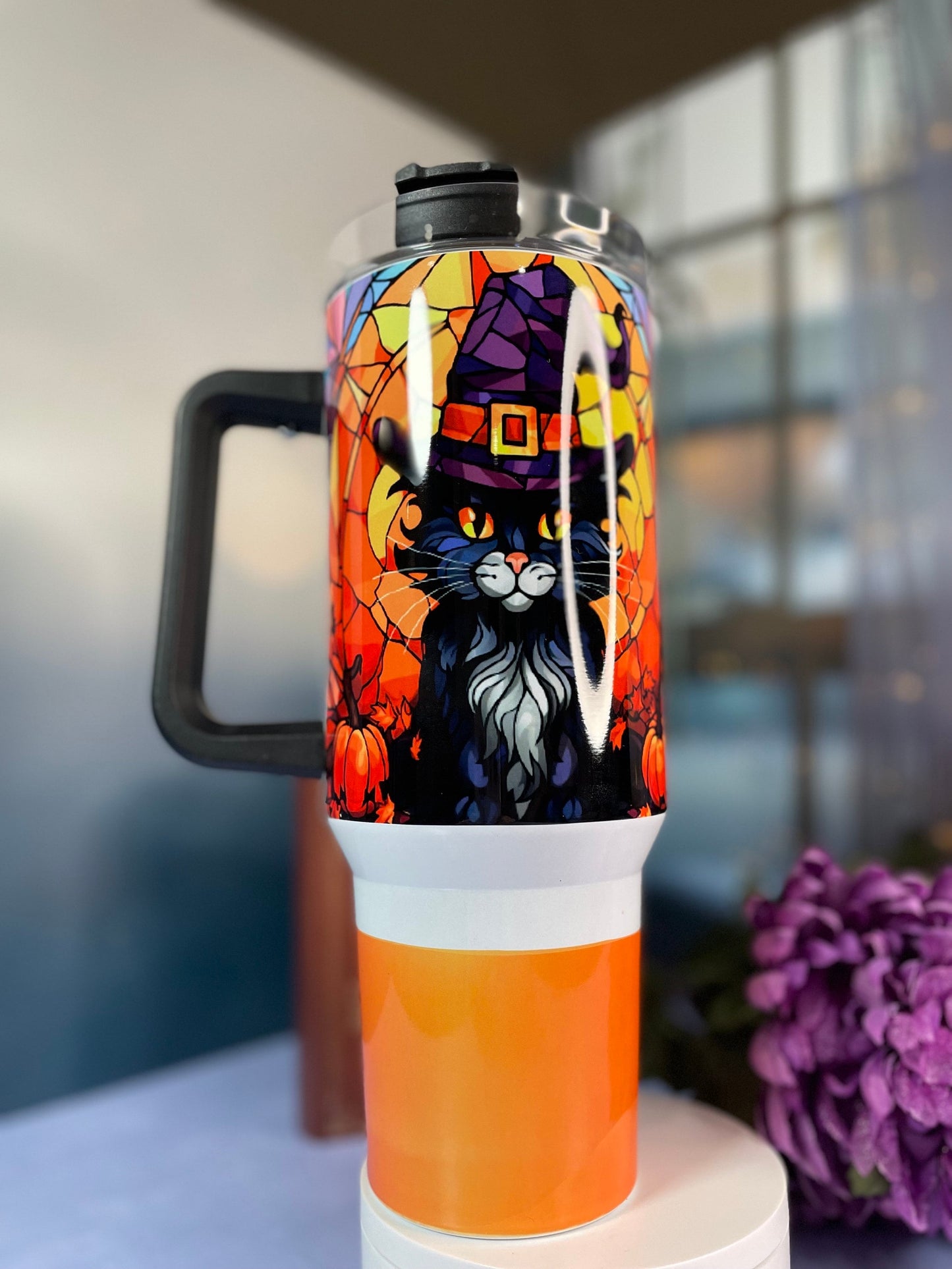 40 oz tumbler with handle| Black Cat in Witch Hat | Halloween theme