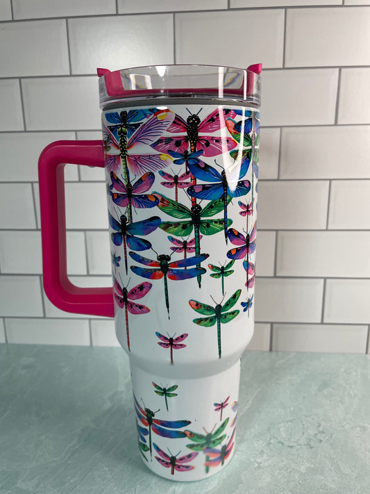 40 oz tumbler with handle| Colorful Dragonflies