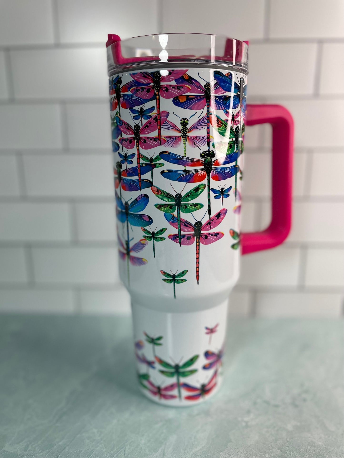 40 oz tumbler with handle| Colorful Dragonflies