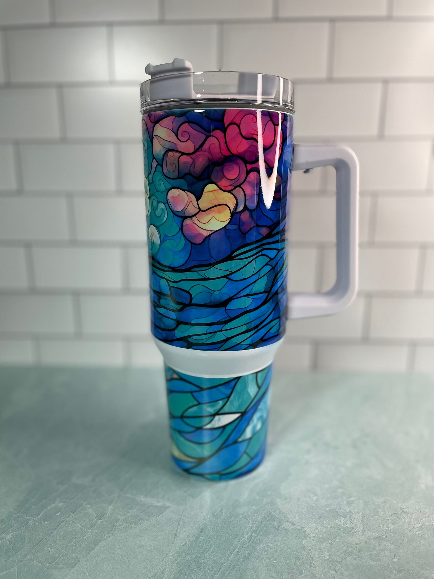 40 oz tumbler with handle| Watercolor scene with ocean and lighthouse