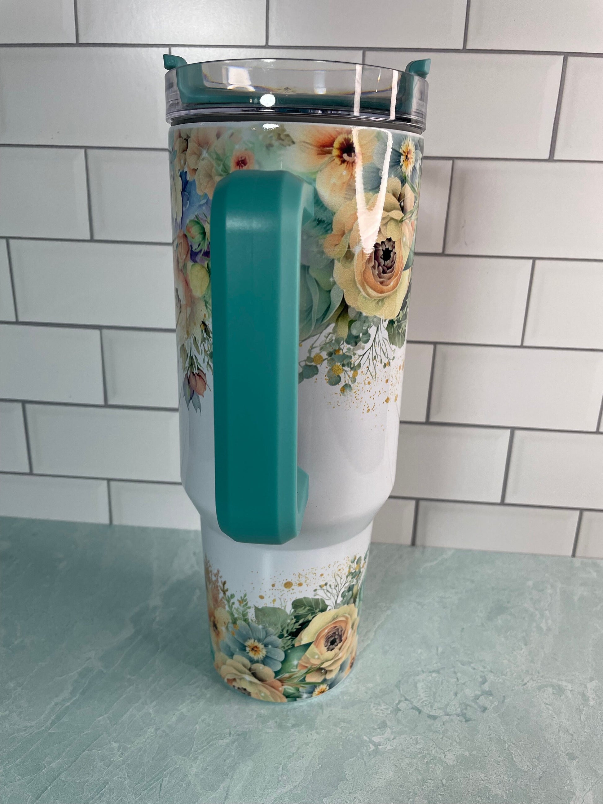 40 oz tumbler with handle| Pastel Flowers