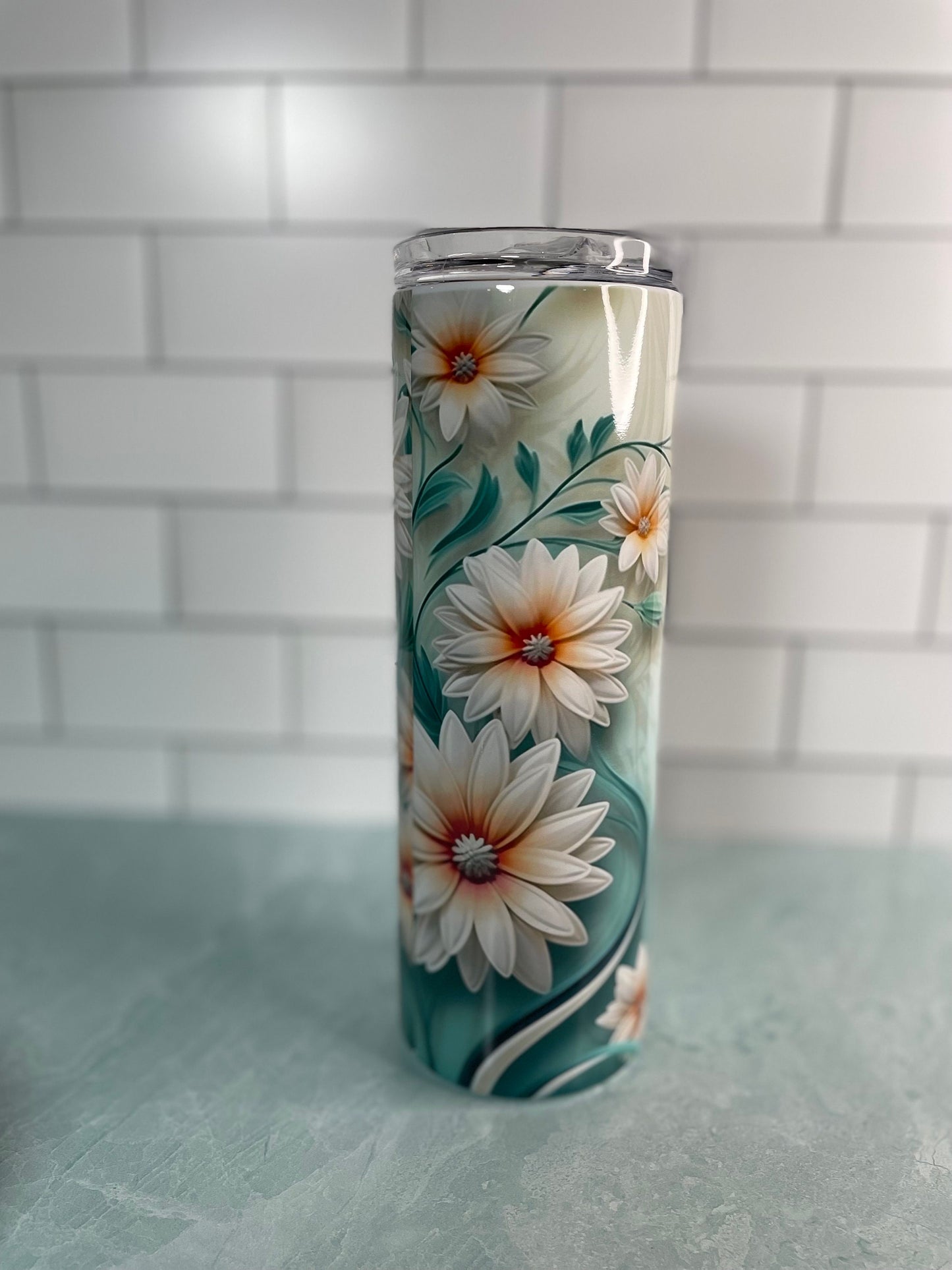 Daisies on blue background 20 oz skinny tumbler