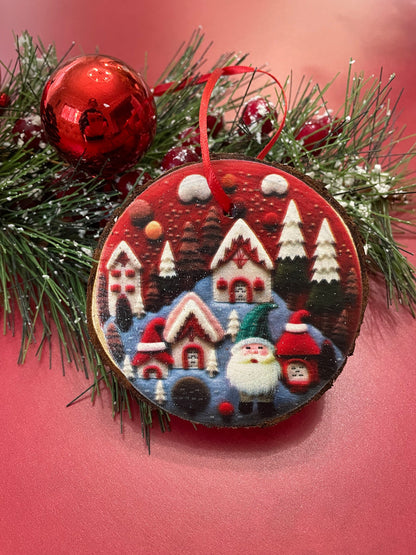 Gnome village ornaments on live edge wood slices