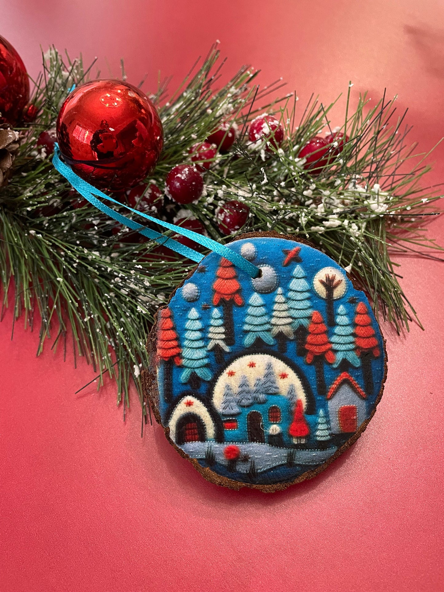 Gnome village ornaments on live edge wood slices