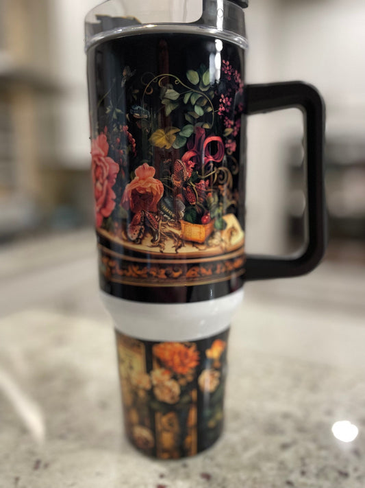 40 oz tumbler with handle | black background with vintage floral design