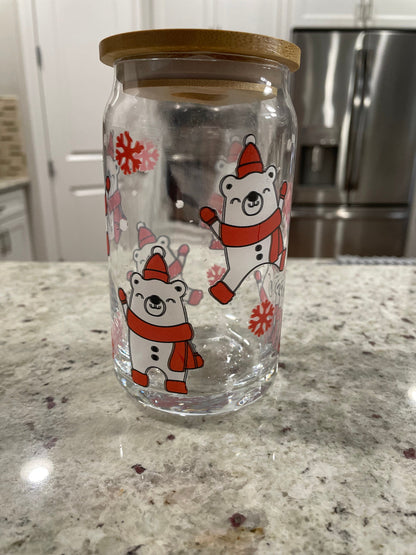 16 oz glass can with bamboo lid | Santa Bear design