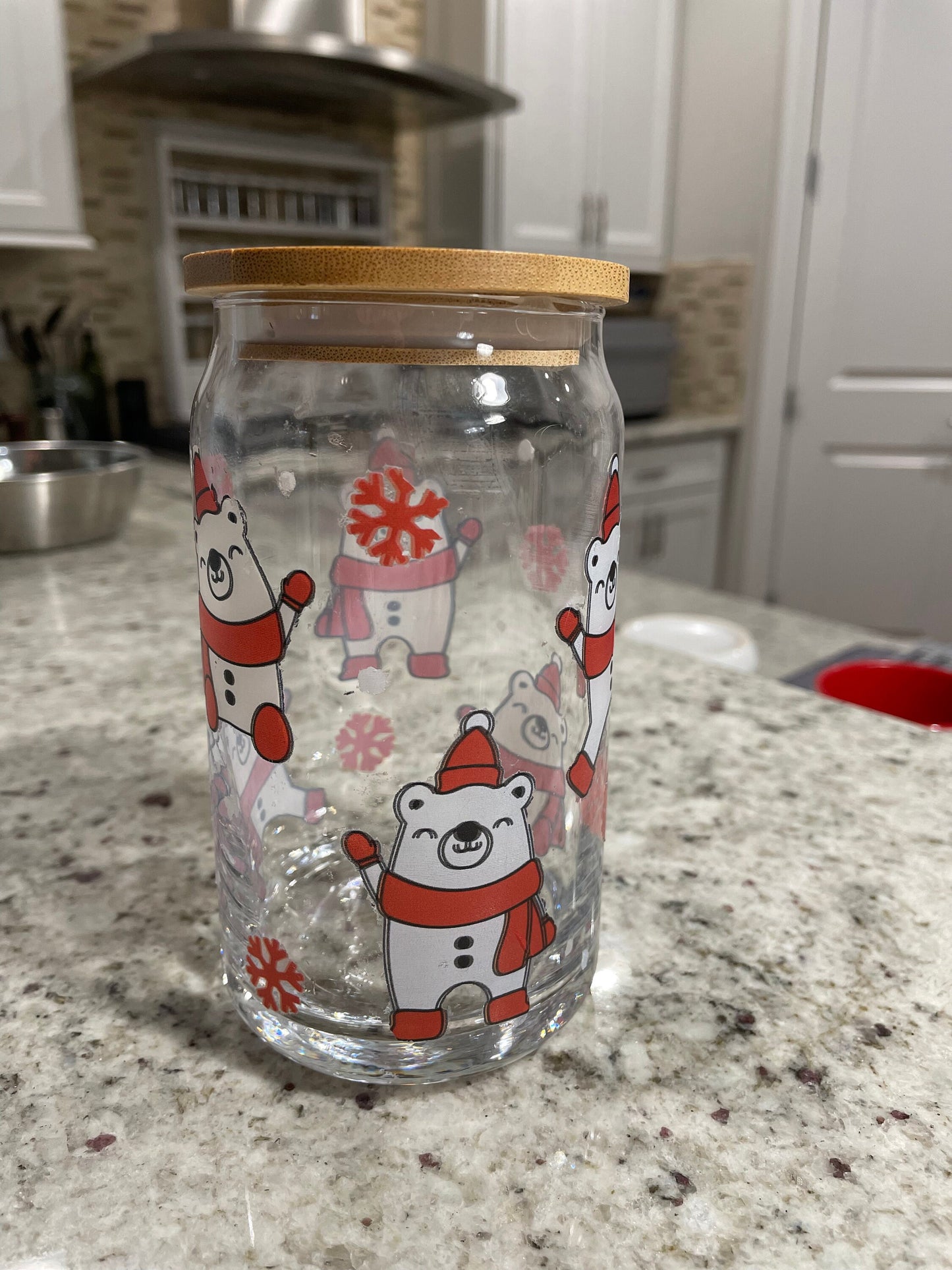 16 oz glass can with bamboo lid | Santa Bear design