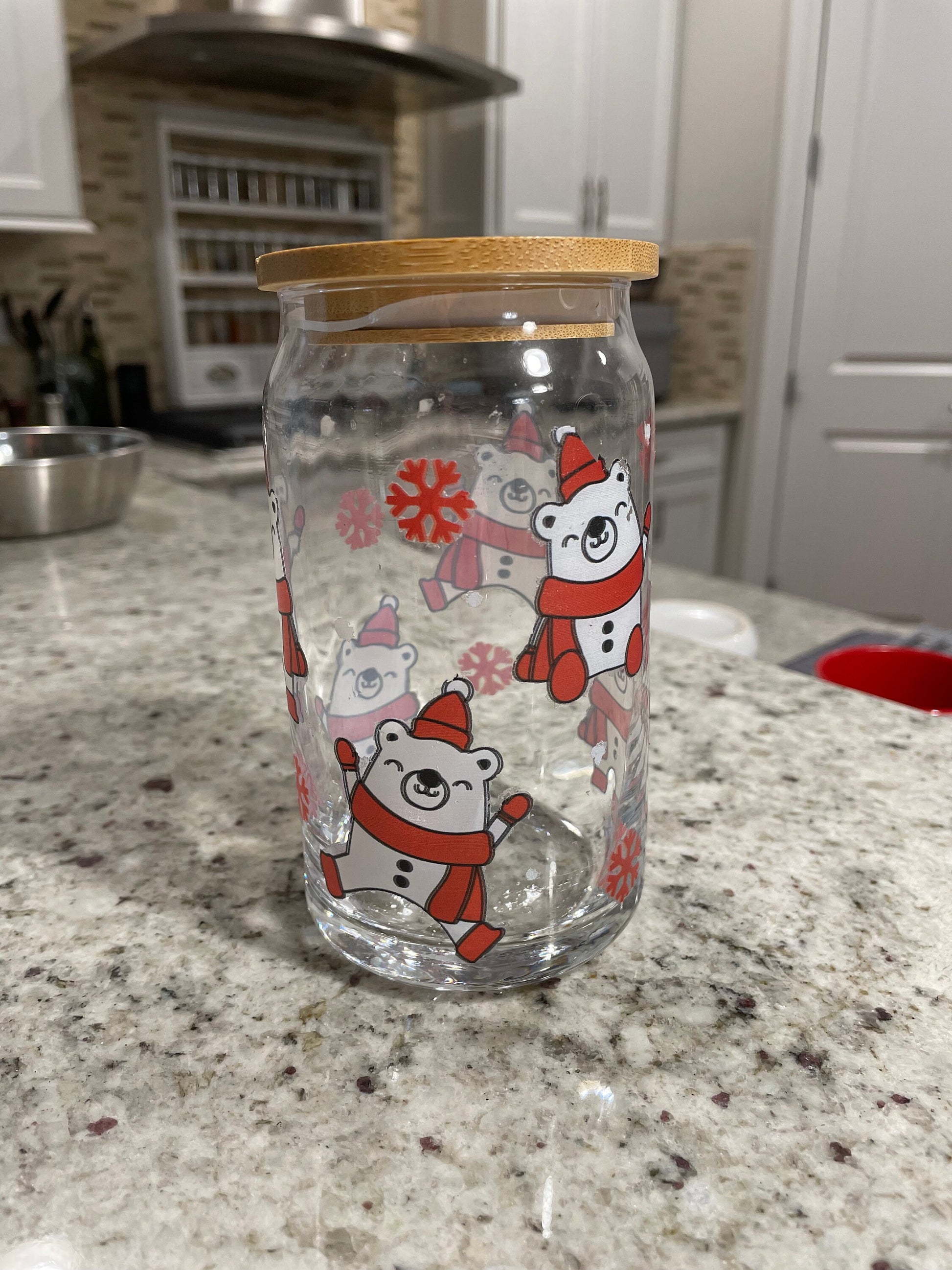 16 oz glass can with bamboo lid | Santa Bear design