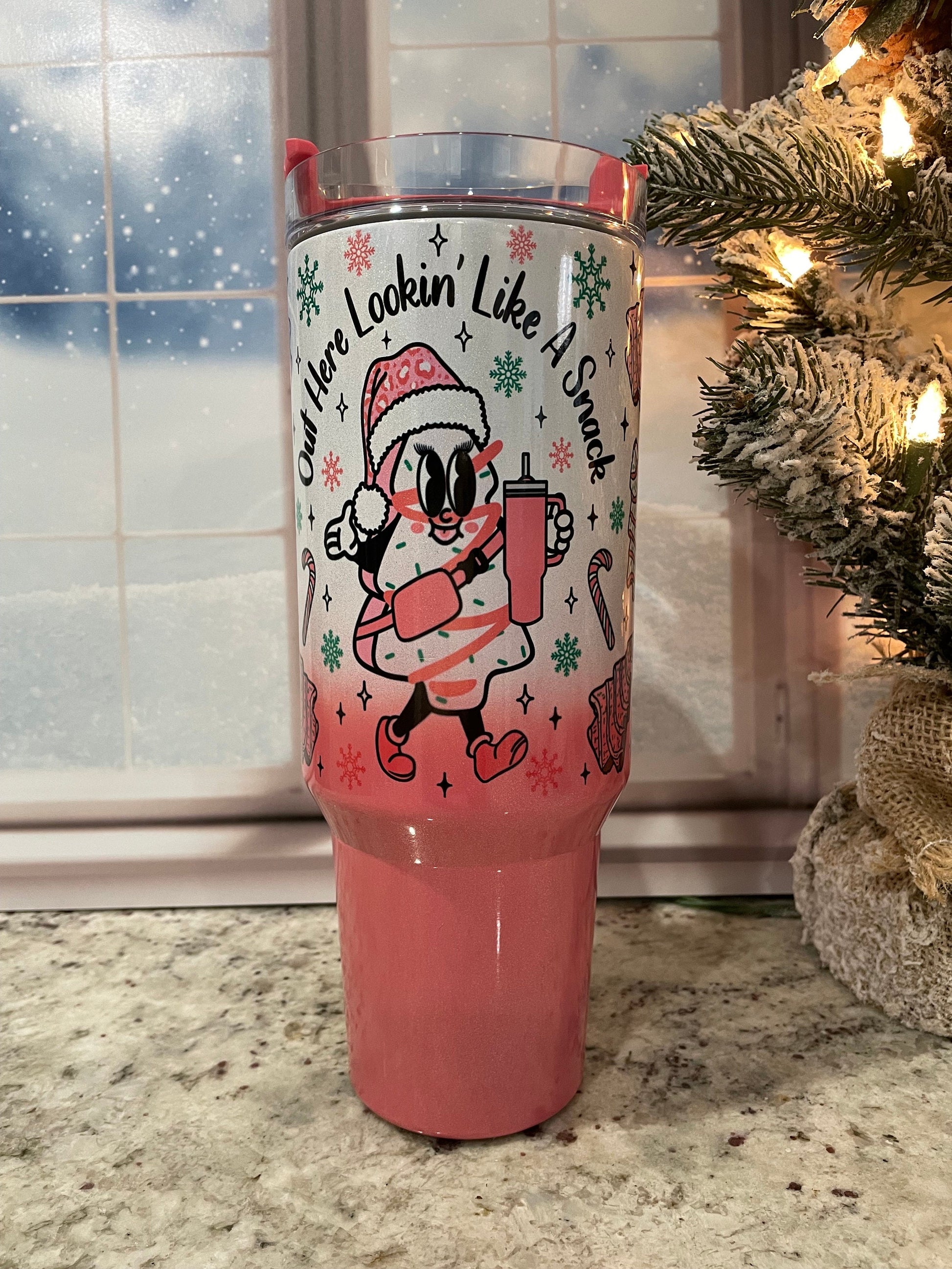 40 oz shimmer tumbler with handle | Christmas tree cake | Feel like a snack