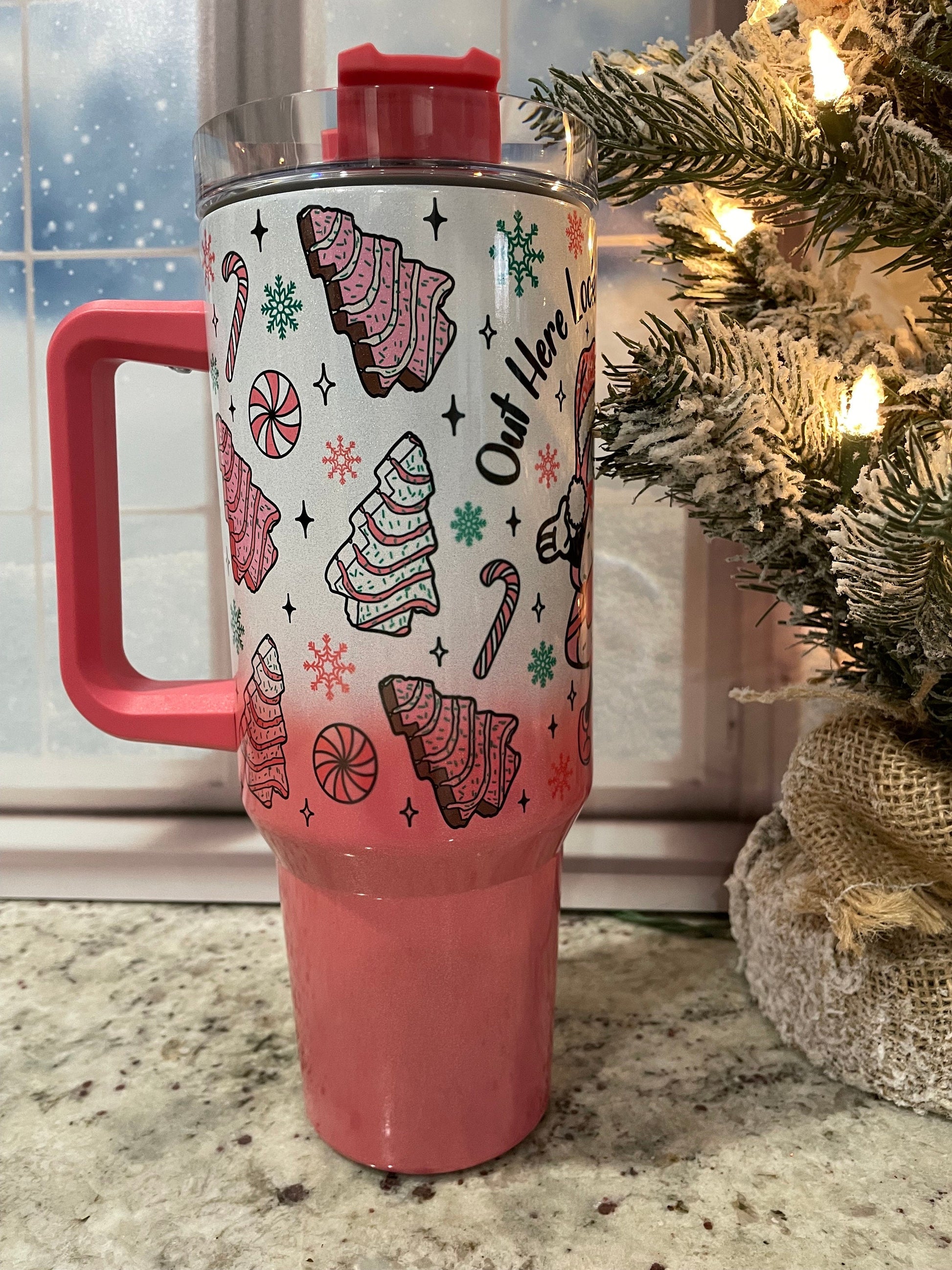 40 oz shimmer tumbler with handle | Christmas tree cake | Feel like a snack