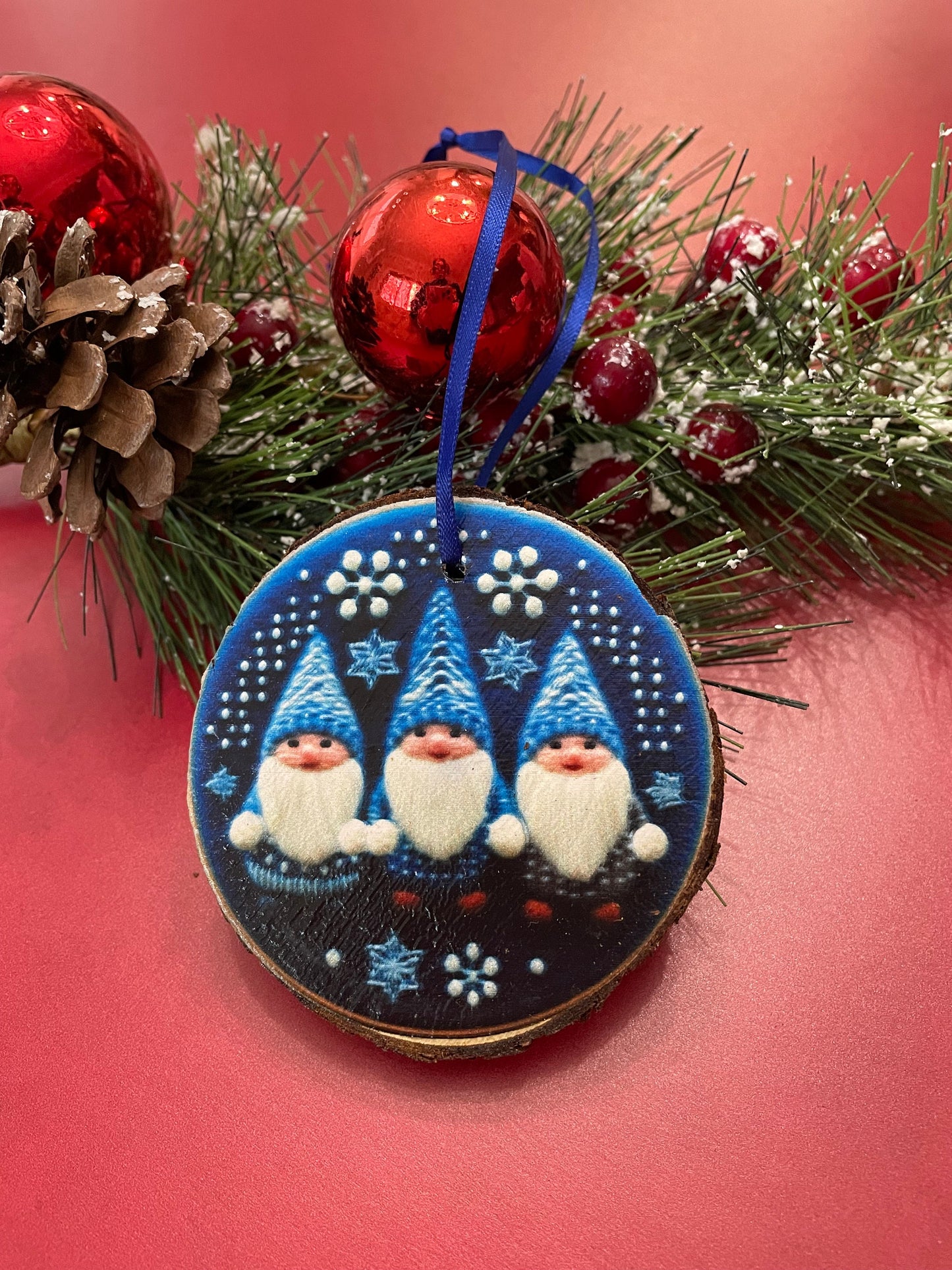 Gnome village ornaments on live edge wood slices