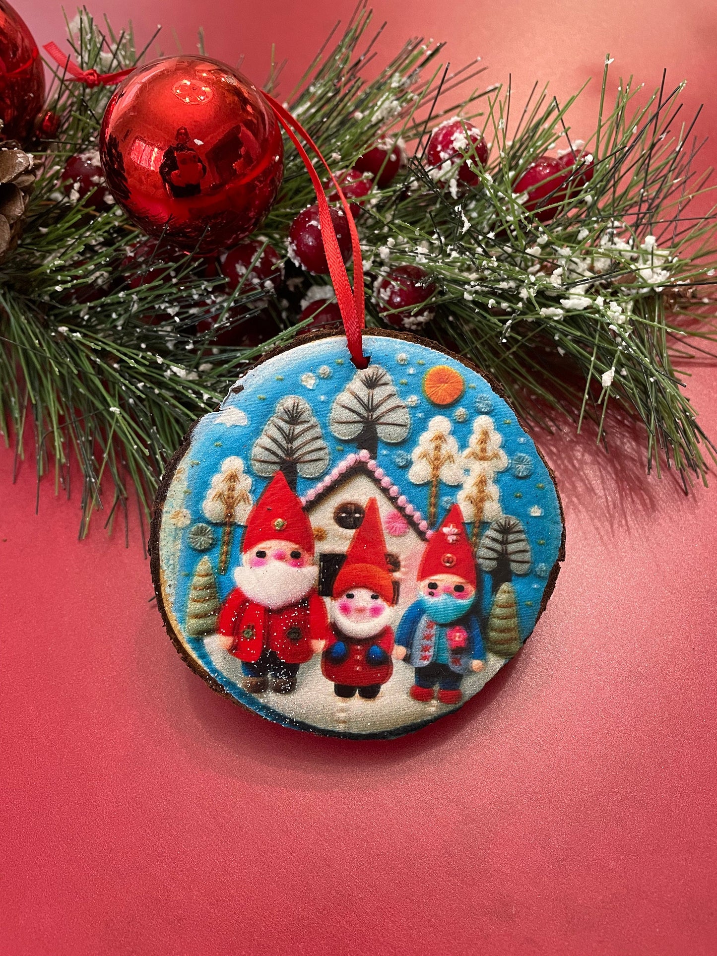 Gnome village ornaments on live edge wood slices