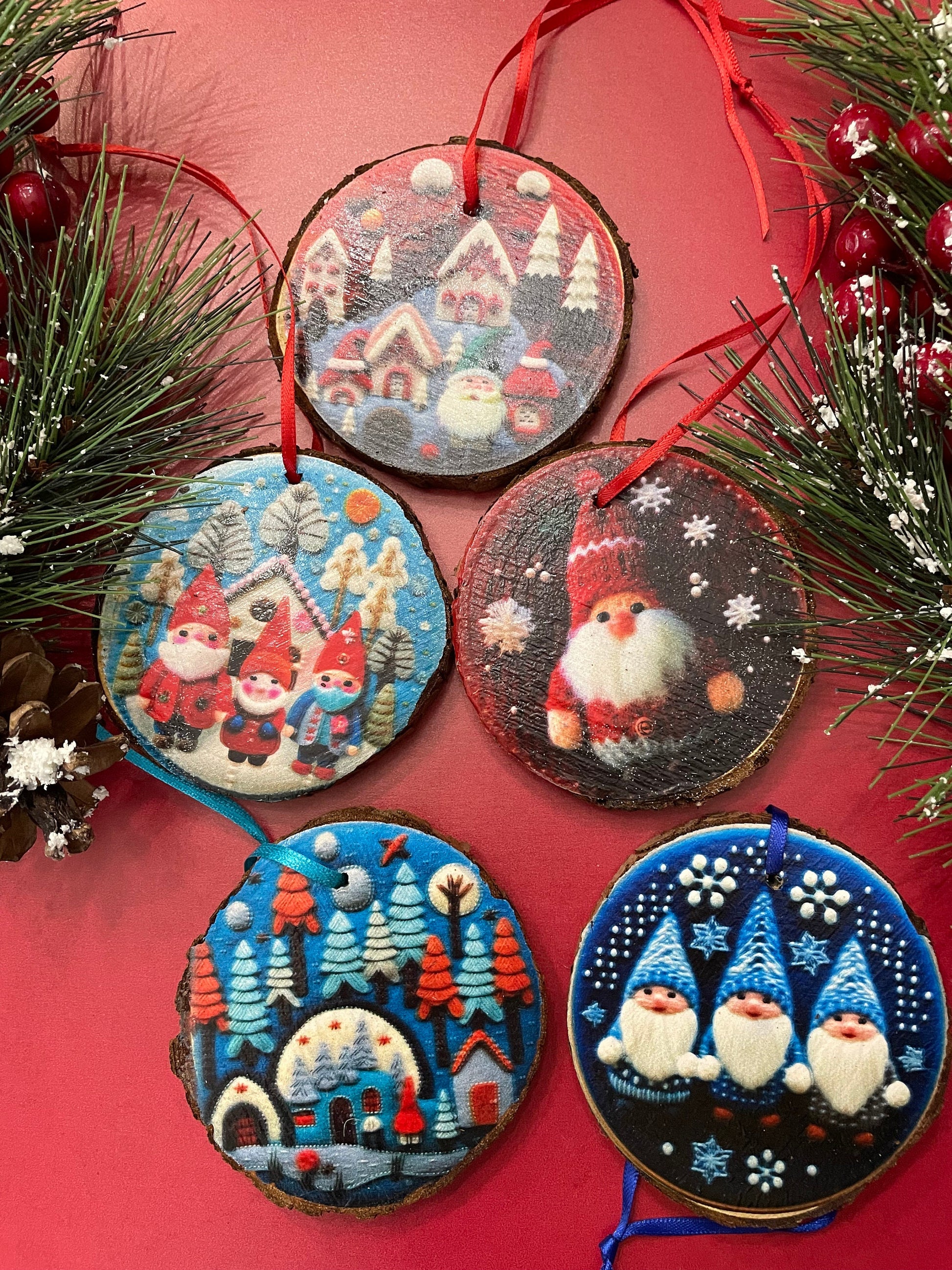 Gnome village ornaments on live edge wood slices