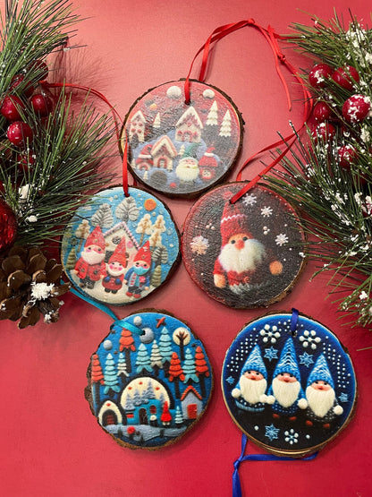 Gnome village ornaments on live edge wood slices